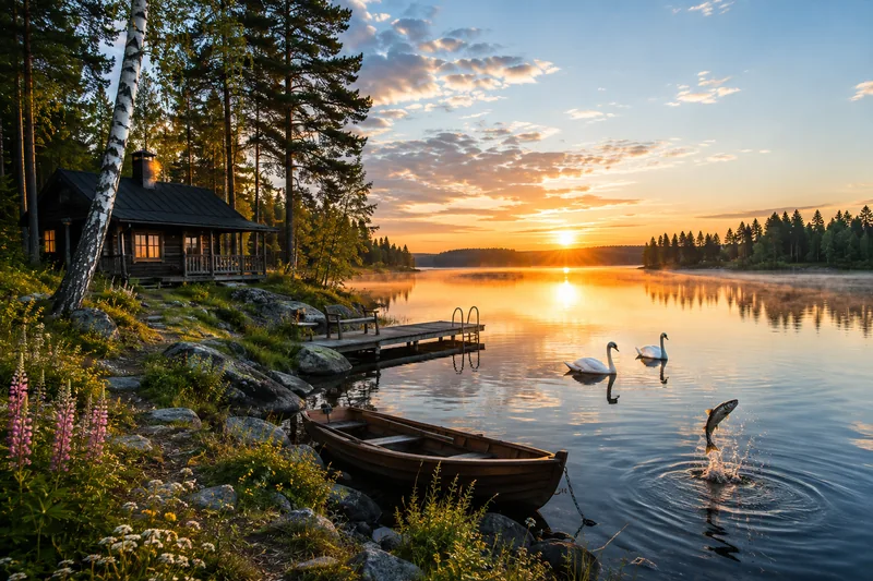 AI-generated Cottage Lake Swans